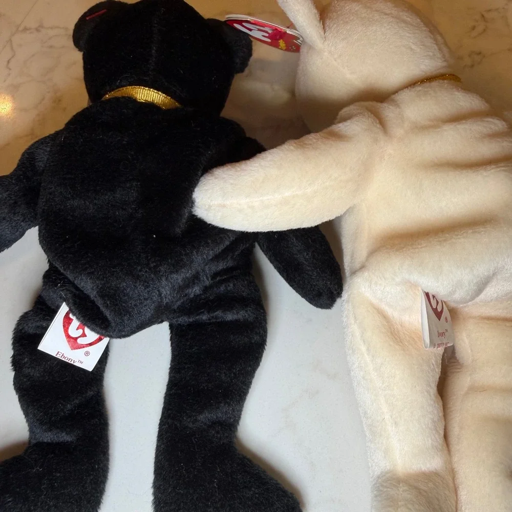 Ty Beanie Babies Ebony‎ & Ivory Hamleys Exclusive Bears 2007 Set Black Cream 8